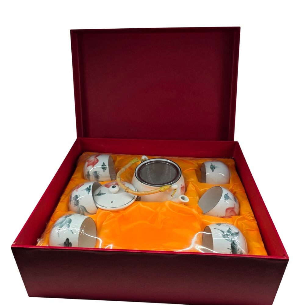 Porcelain Tea Set Teapot 6 Cups Bamboo Handle Gift Box